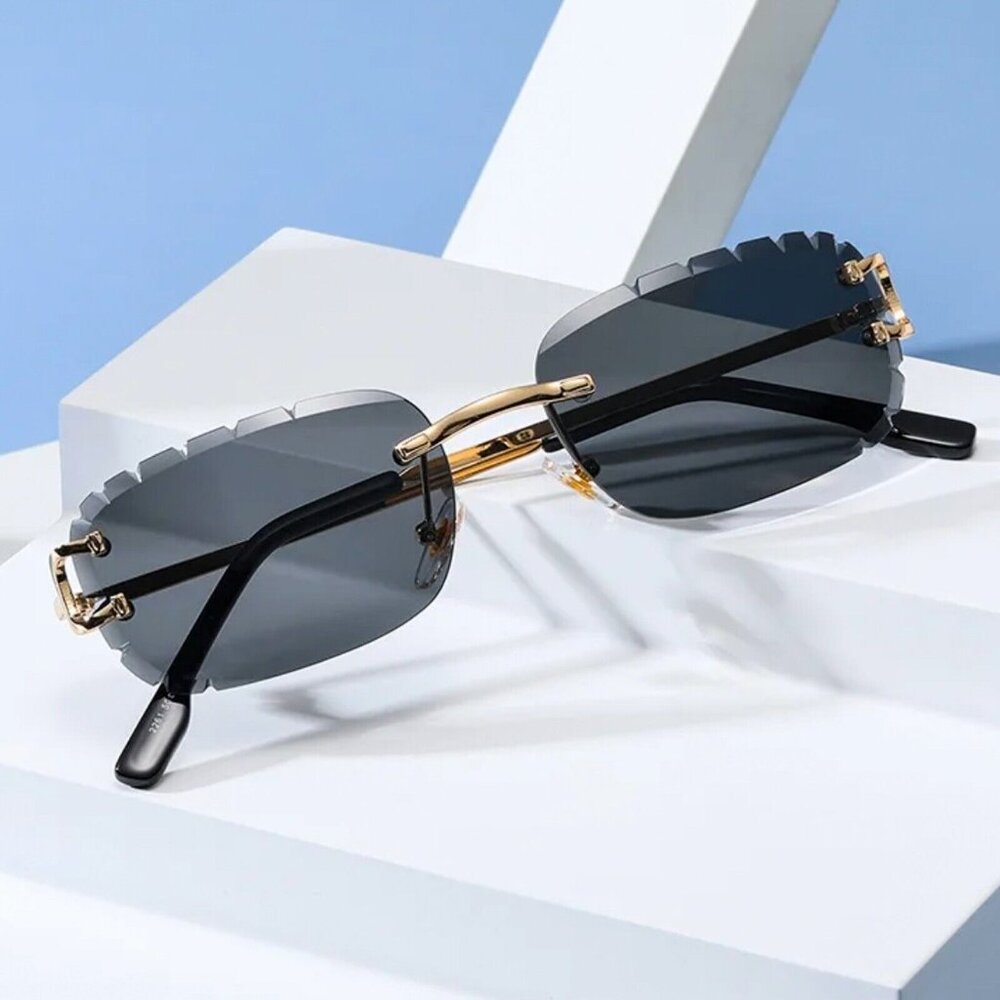 Men' Gold Frame Dark Black Tint Rimless Hand Carved Diamond Cut Lens Sunglasses